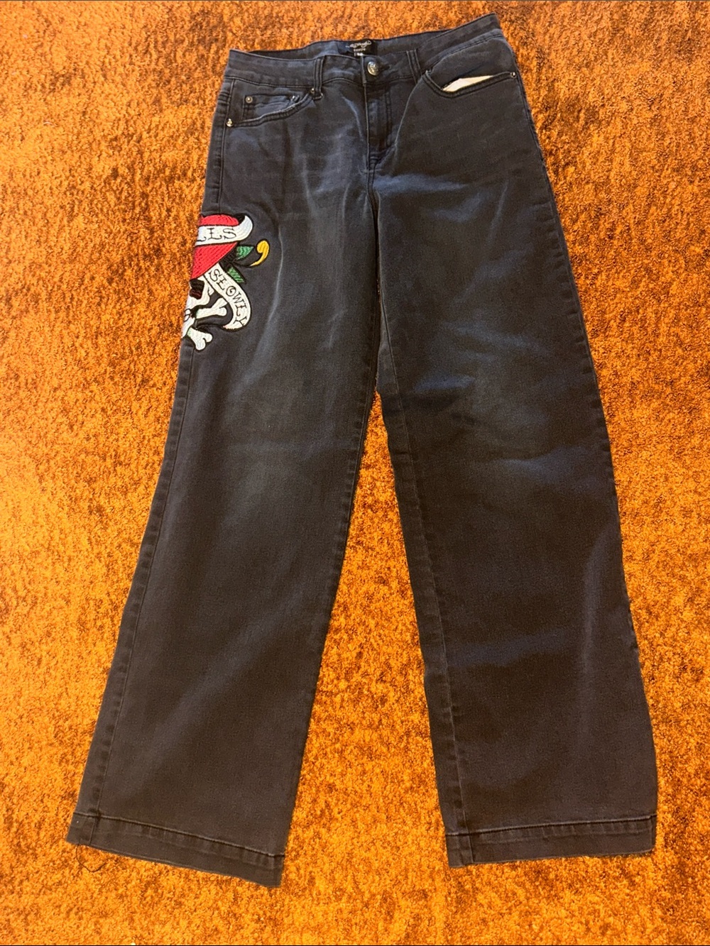 Ed Hardy Black Wide-Leg Jeans with Colorful Side Embroidery
